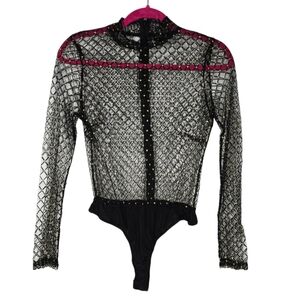 PrettyLittleThing Size 10 Black and Gold Mesh Sheer Long Sleeve Bodysuit
